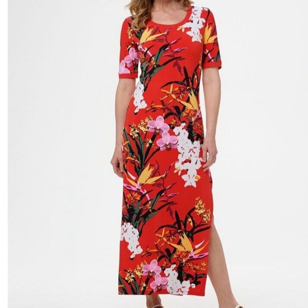 G.I.L.I. Red and Yellow Floral Side Slit Maxi Dress